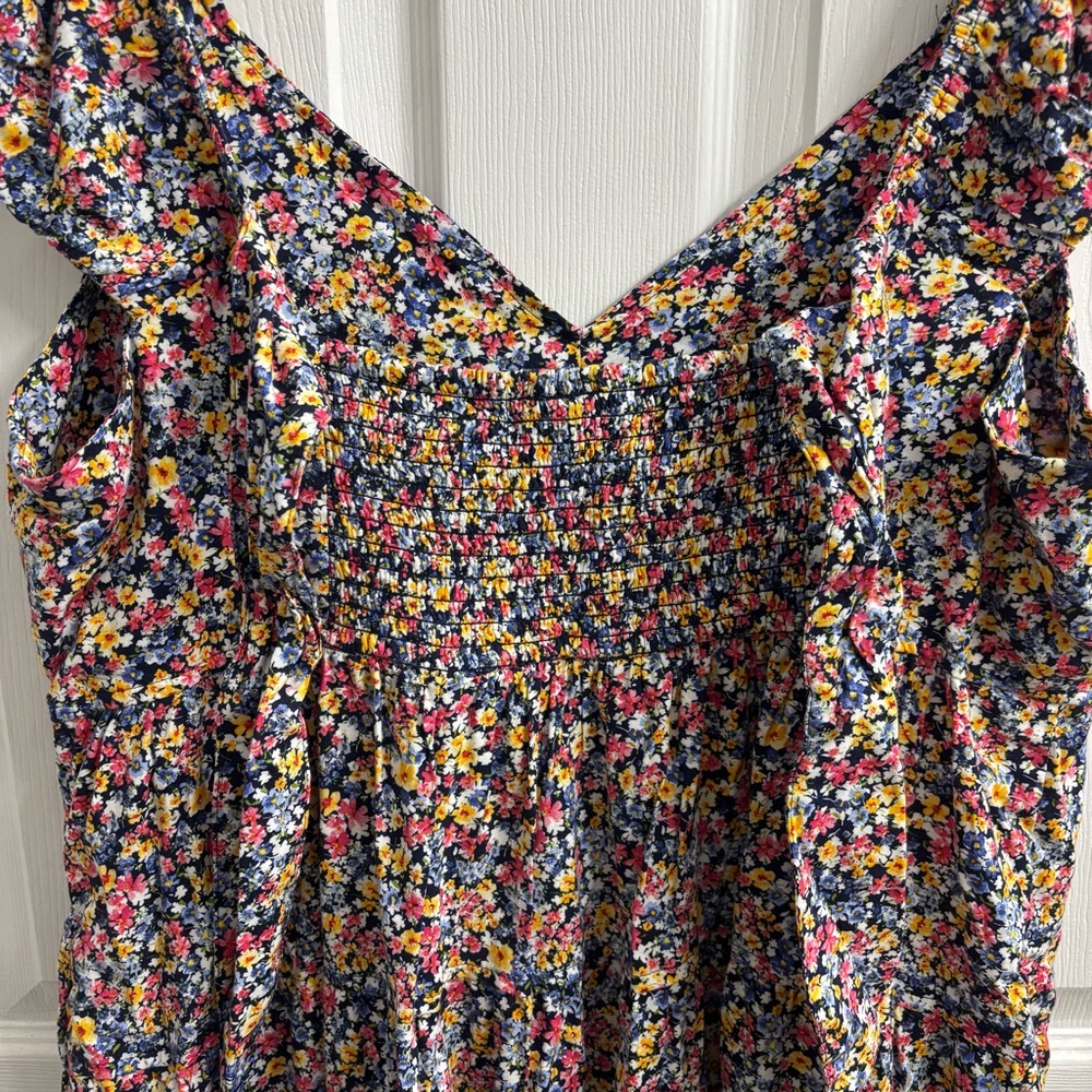 Old Navy Tiered Fit & Flare Maxi Dress XL Floral Smocked Short Sleeve Pockets - Picture 6 of 6